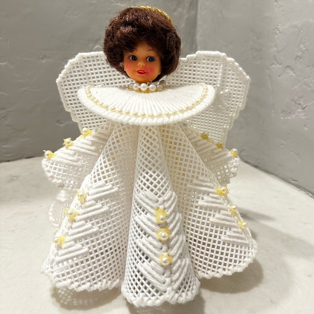 Vintage Handmade Canvas Yarn Angel Christmas Tree Pearl Yellow 1970s 9”
